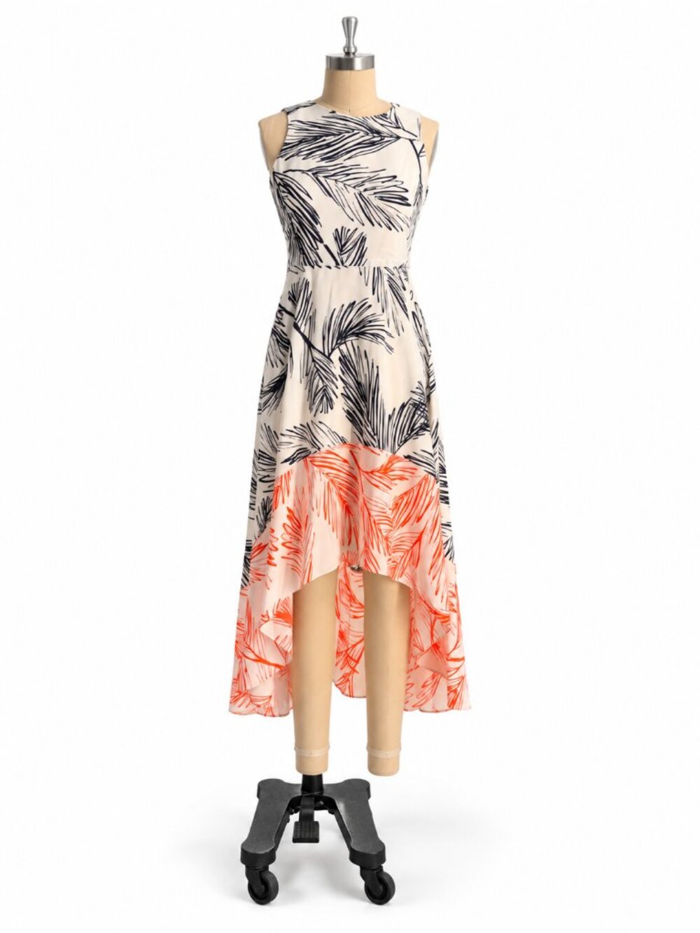 Vince Camuto Palm Print High-Low silk Dress with Coral Hem - 2 / S